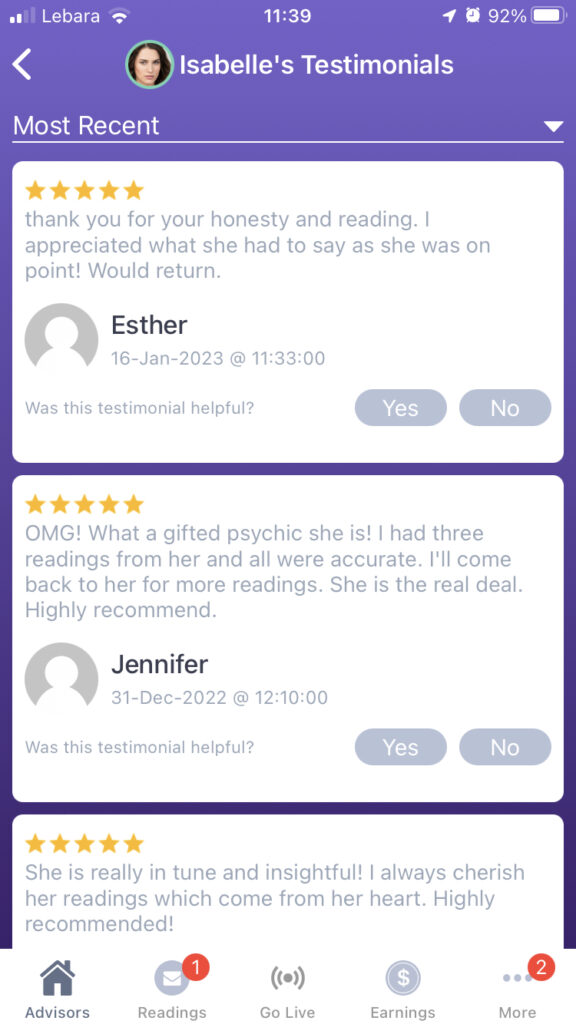 Psychic Isabelle Testimonials on Live Psychic Chat App